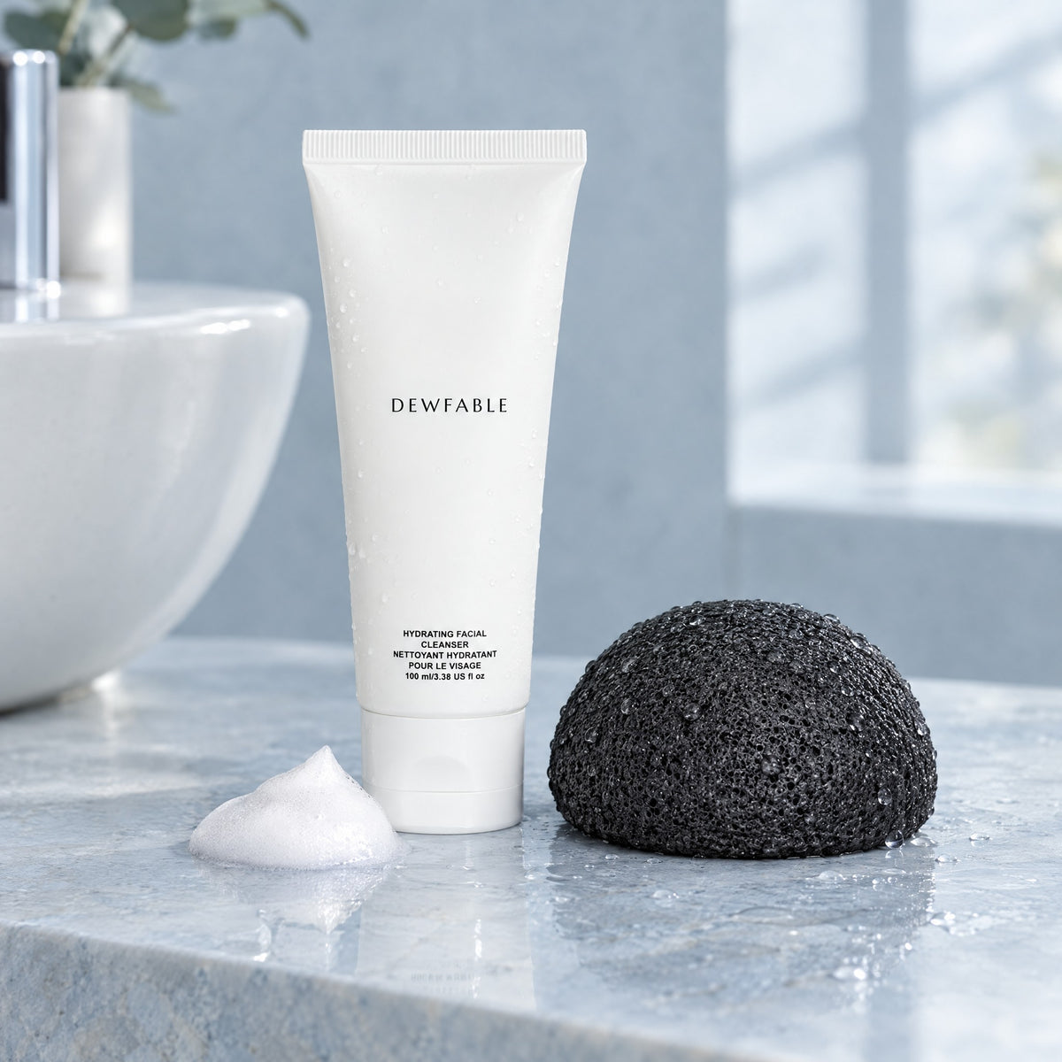 Hydrating Facial Cleanser by the basin with a konjac sponge