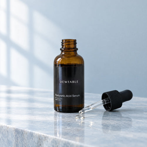 Hyaluronic Acid Serum on a pale stone ledge