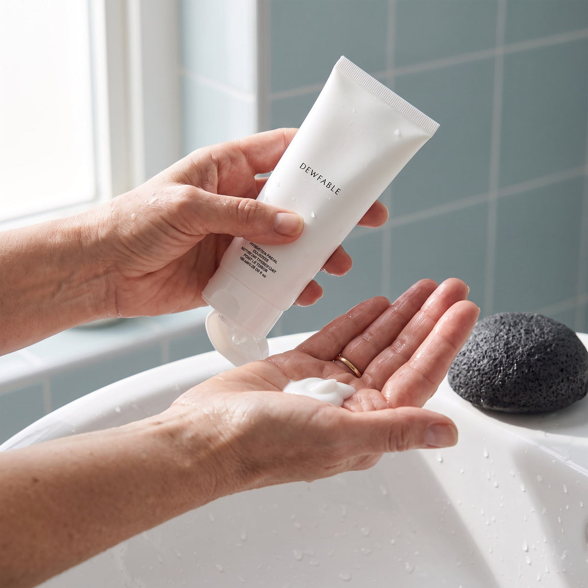 Hydrating Facial Cleanser over the basin with a konjac sponge
