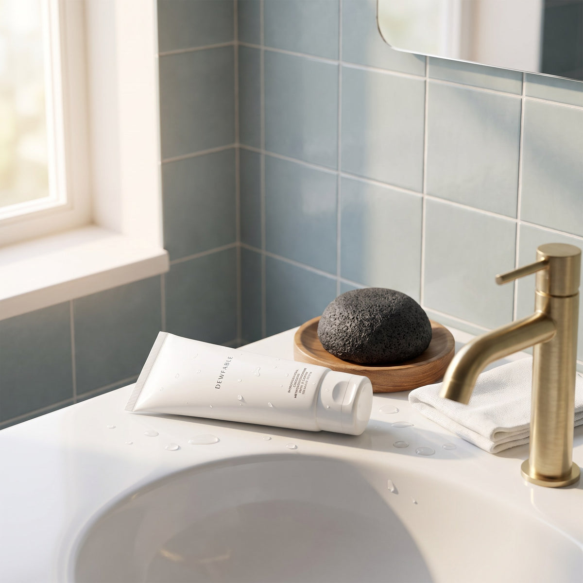 Hydrating Facial Cleanser and konjac sponge by the basin