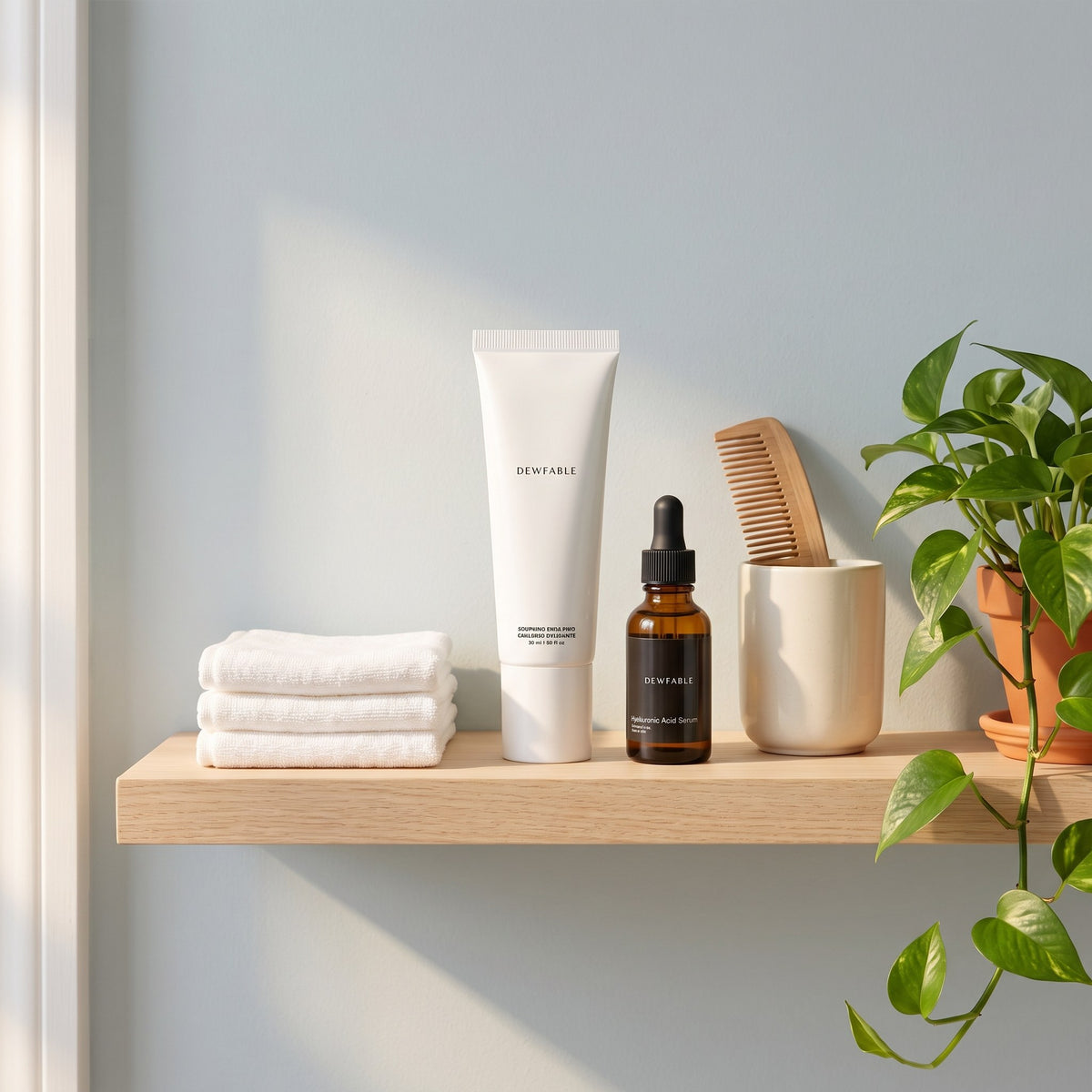 Soothing Emulsion on a bathroom shelf in the morning