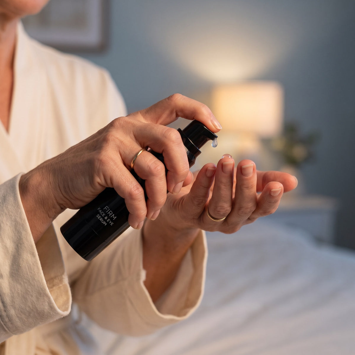 Pumping Firm Face & Eye Serum onto the fingertips