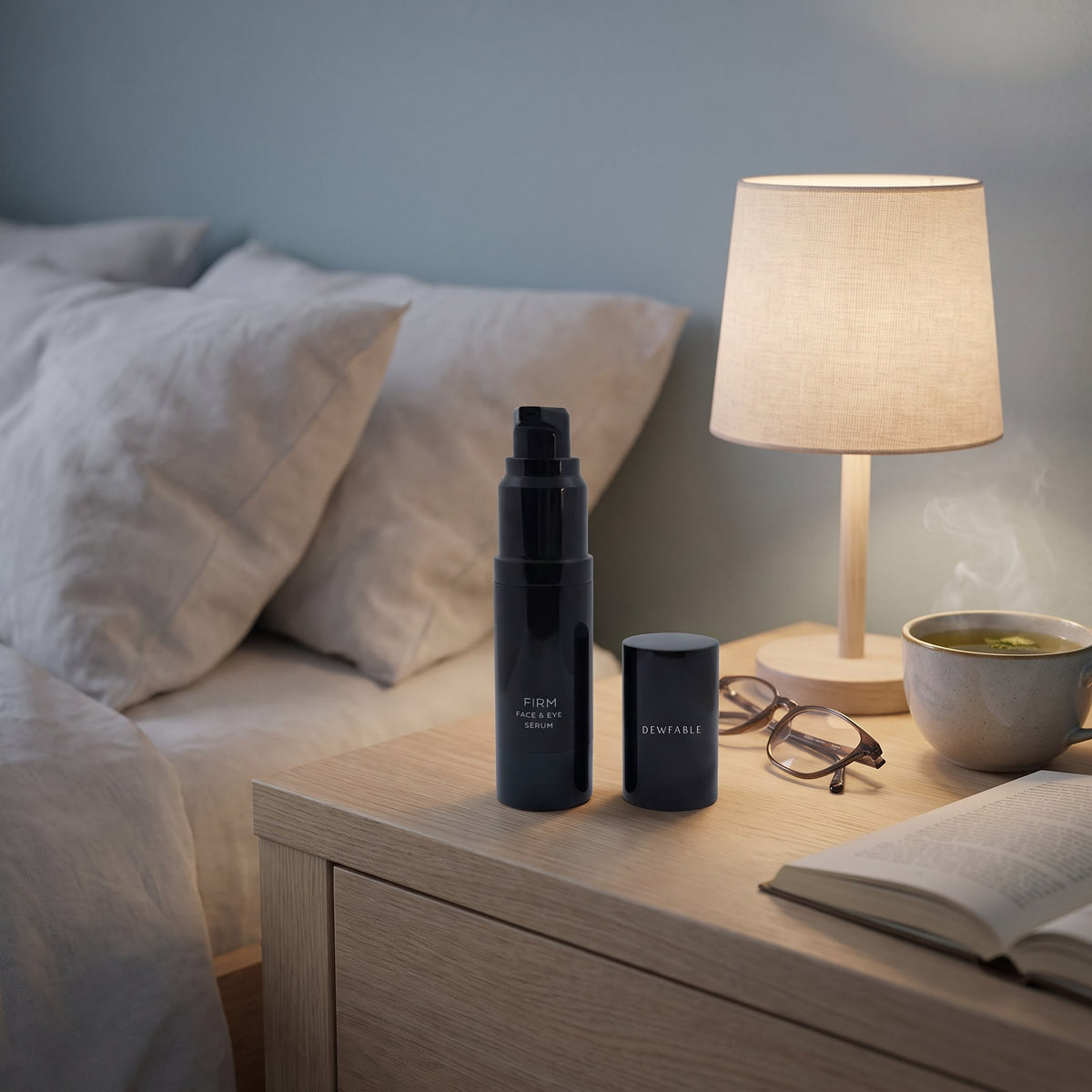 Firm Face & Eye Serum on a bedside table at night