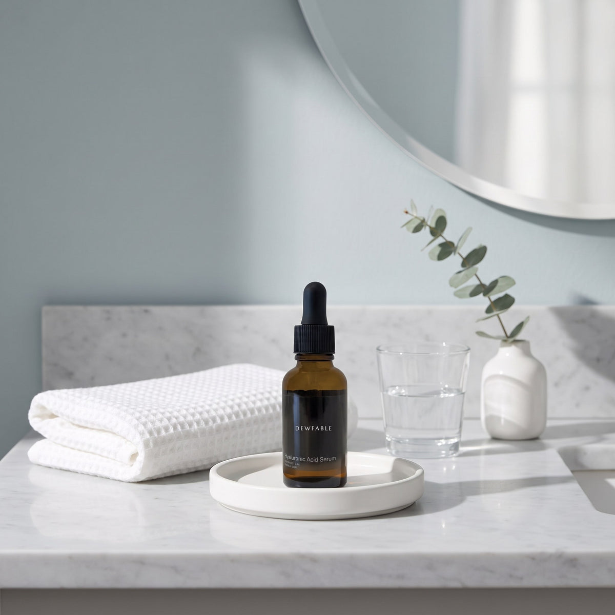 Hyaluronic Acid Serum on a morning bathroom counter