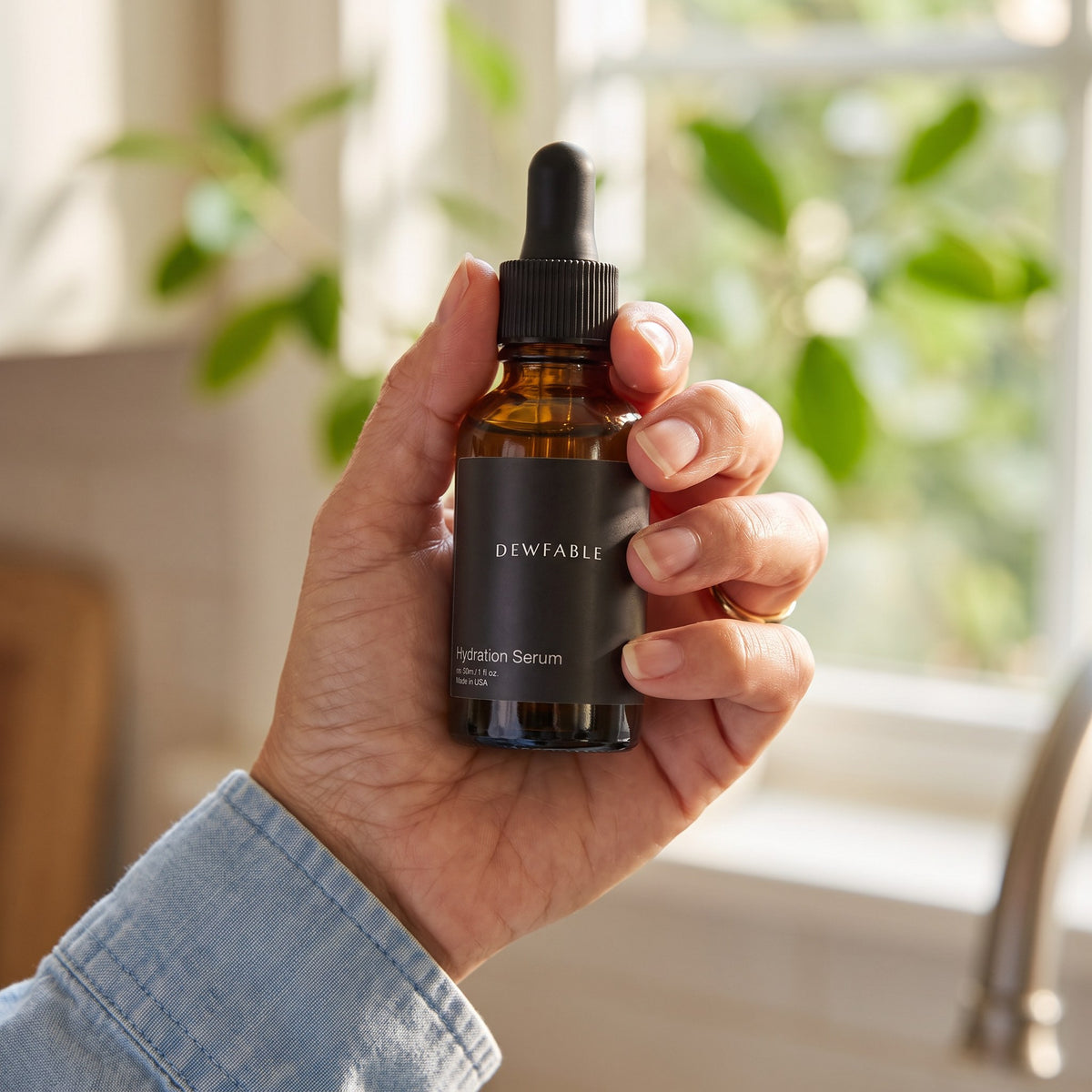 Holding the Hydration Serum bottle by a window