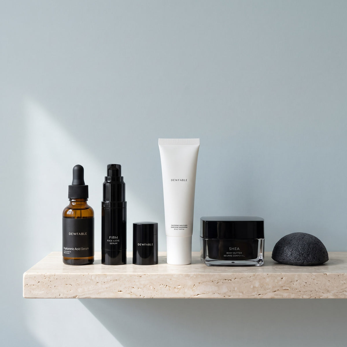 The 60-Night Box: the four steps and a konjac sponge on a shelf