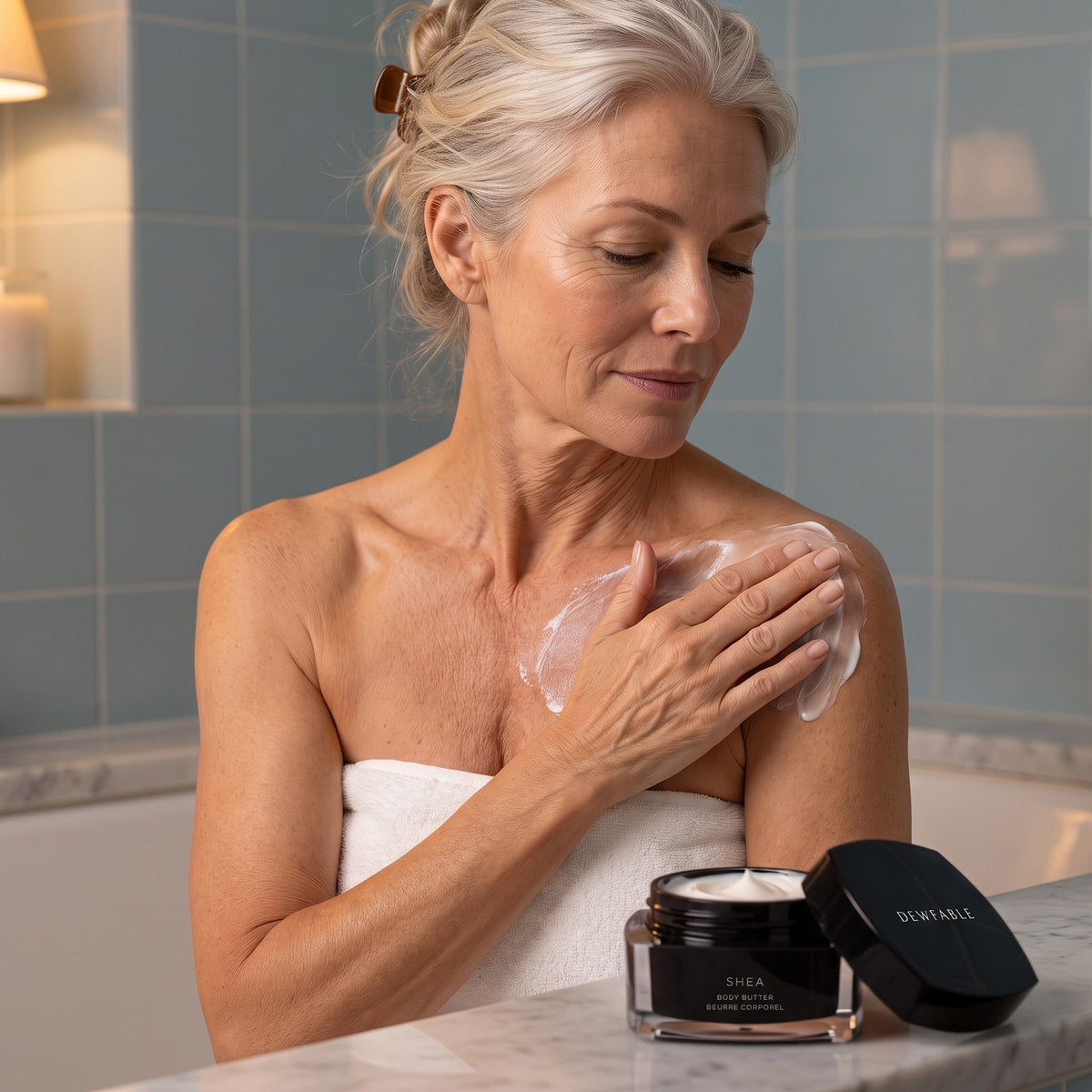 Smoothing Shea Body Butter over the shoulder and chest