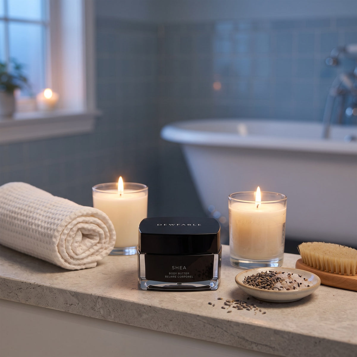 Shea Body Butter on the edge of the bath at night