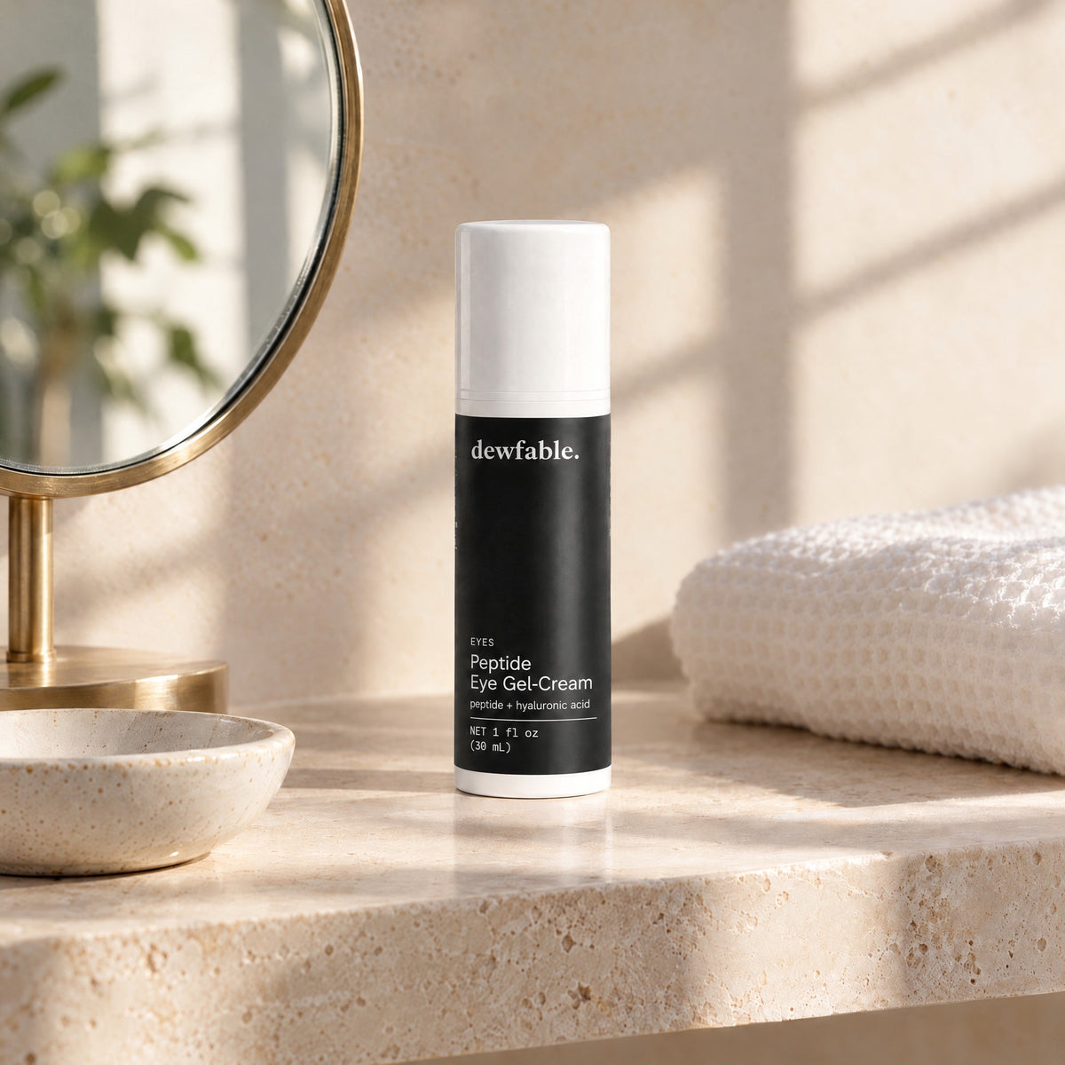 dewfable. Peptide Eye Gel-Cream on a bathroom shelf