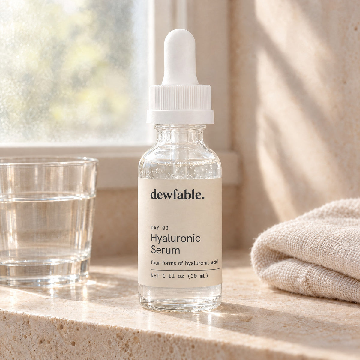 dewfable. Hyaluronic Serum, on a bathroom vanity