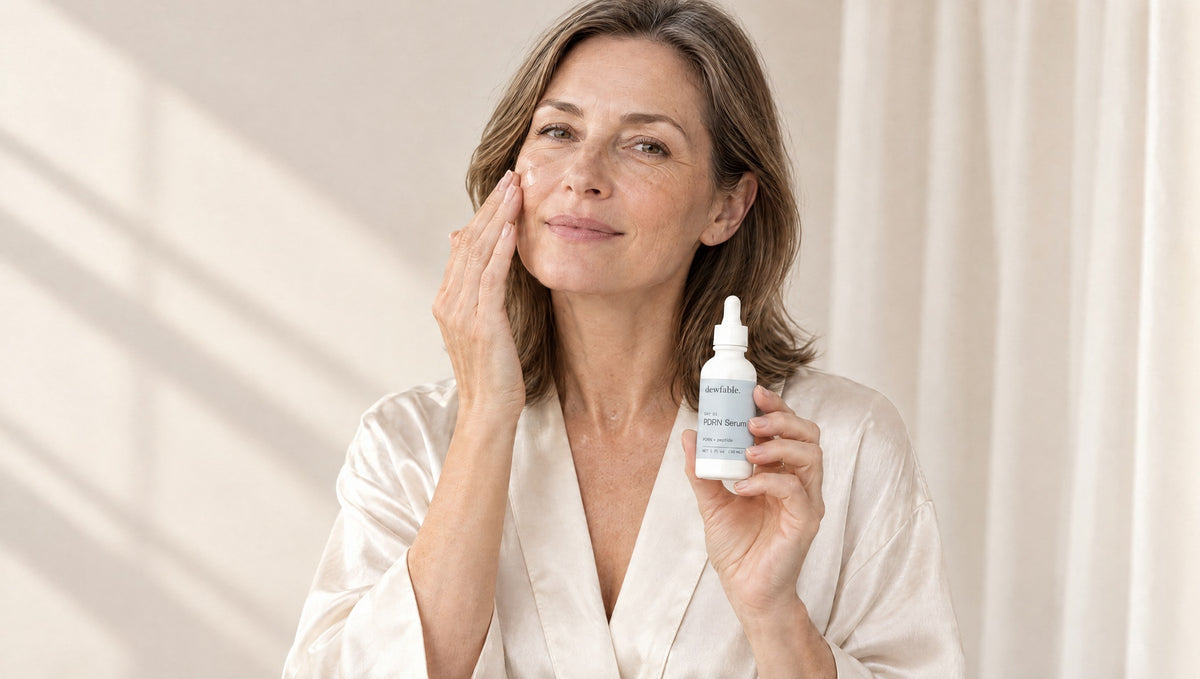 A woman in her fifties patting serum onto her cheek