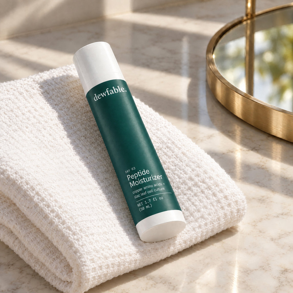 dewfable. Peptide Moisturizer, on a bathroom vanity