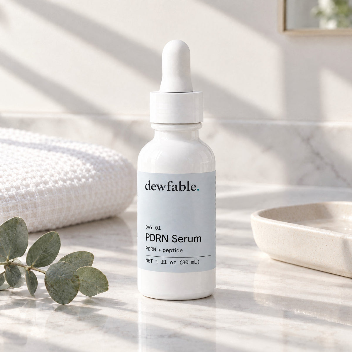 dewfable. PDRN Serum, on a bathroom vanity