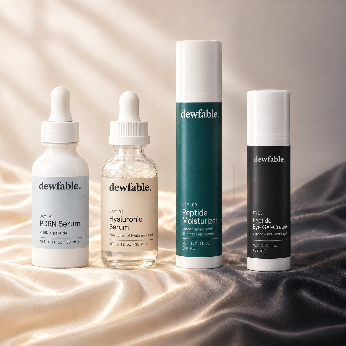 dewfable. The Full Fable: DAY 01 PDRN Serum, DAY 02 Hyaluronic Serum, DAY 03 Peptide Moisturizer and EYES Peptide Eye Gel-Cream